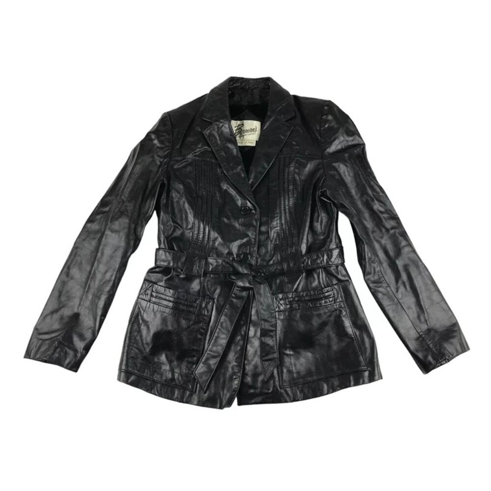 Berman's Womens Black Leather Pockets Long Sleeve Belted Jacket Size 16